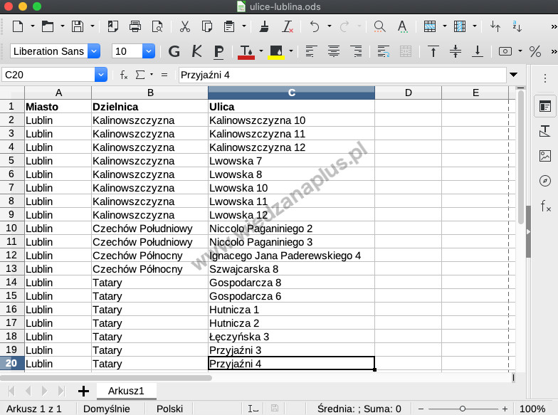 Rys. 1. Prosta tabela w LibreOffice Calc kurs