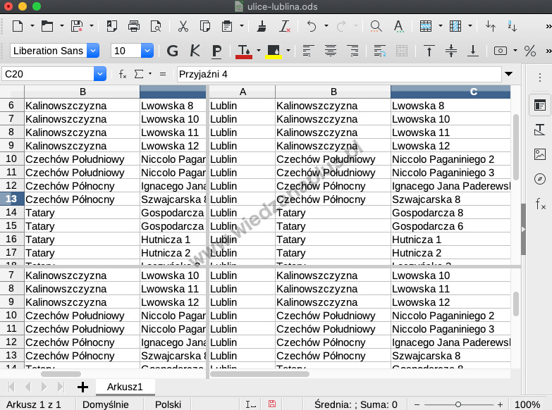 Rys. 3. Jak podzielić okno LibreOffice Calc pionowo i poziomo, krok 2/2