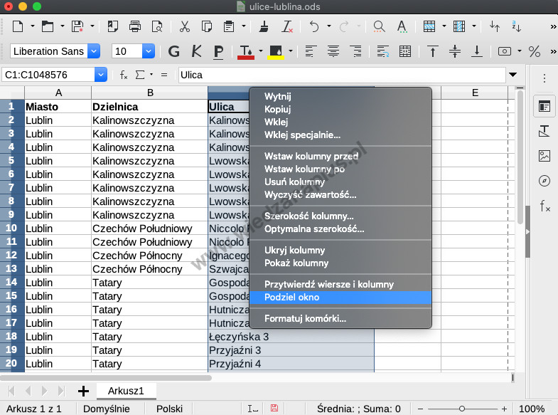 Rys. 4. LibreOffice Calc podział okna tylko pionowo, krok 1/2
