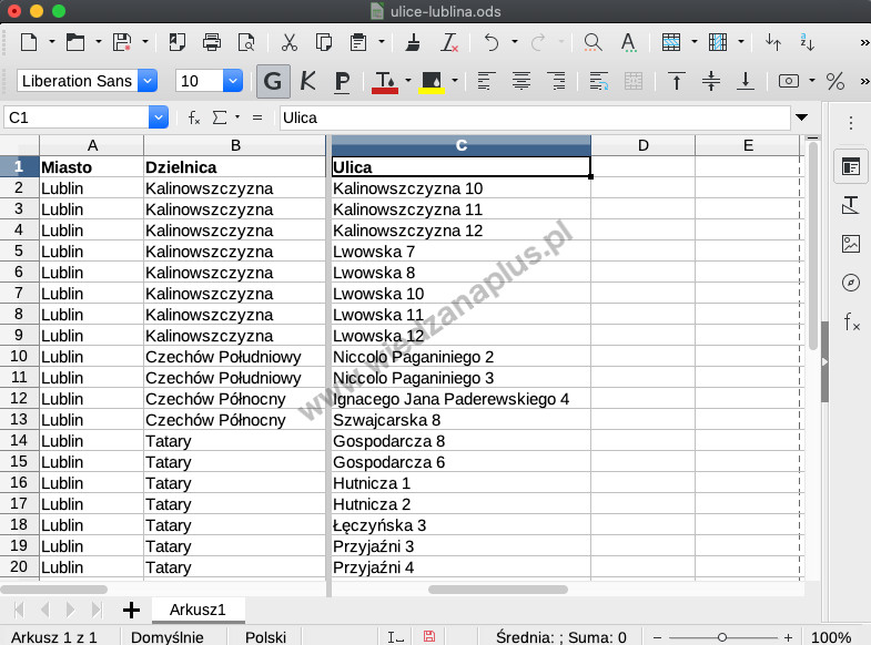 Rys. 5. LibreOffice Calc podział okna tylko pionowo, krok 2/2