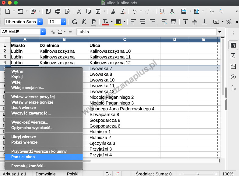 Rys. 6. Program Calc w LibreOffice podział okna poziomo, krok 1/2