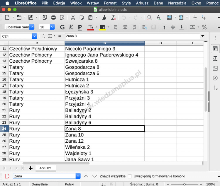 Rys. 1. Pojedyncze wyszukiwanie Calc, pakiet LibreOffice