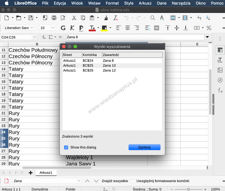 Rys. 2. LibreOffice Calc wyszukiwanie, wyniki wyszukiwania w tabeli