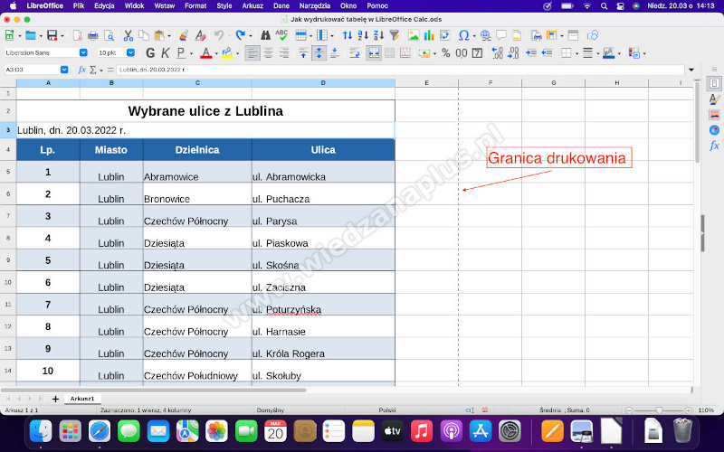 Rys. 1. Podział strony LibreOffice Calc kurs, krok 1/3