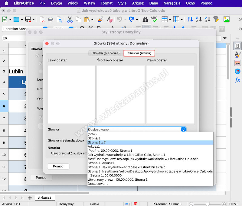 Rys. 11. LibreOffice Calc nagłówek tabeli, na każdej stronie – krok 3/4