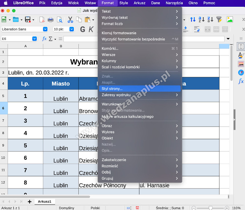 Rys. 13. LibreOffice Calc stopka tabeli, na każdej stronie – krok 1/4