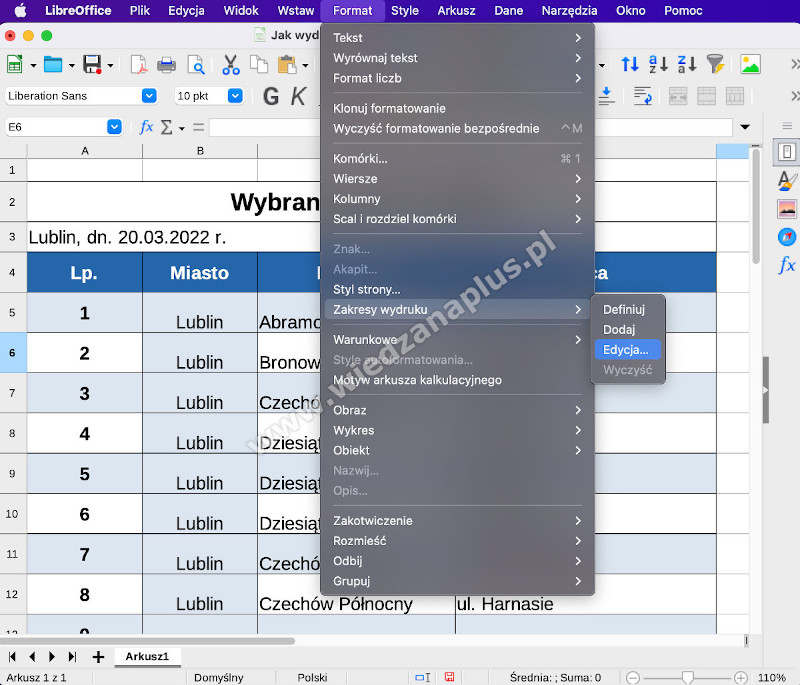 Rys. 17. Nagłówki tabeli, na każdej stronie LibreOffice Calc, krok 1/2
