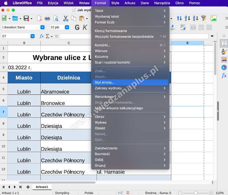 Rys. 21. Pakiet LibreOffice dopasowanie wydruku do strony - program Calc, krok 1/2
