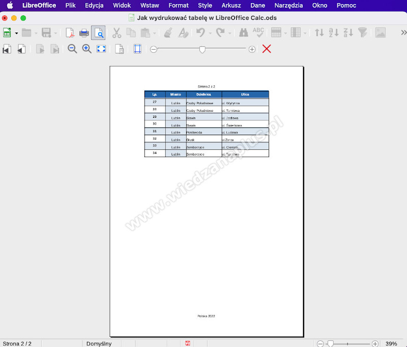 Rys. 23. LibreOffice Calc drukowanie tabeli – końcowy wynik