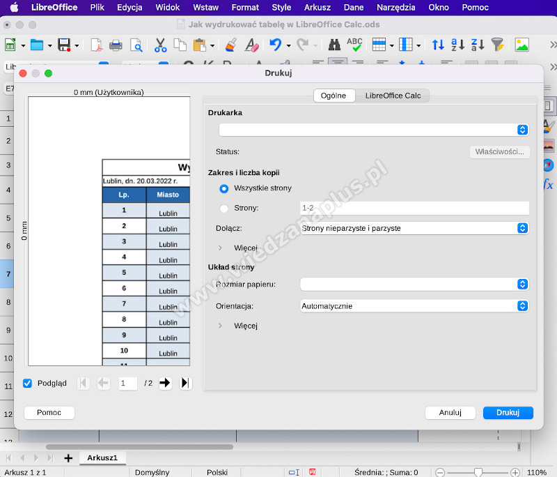 Rys. 24. Drukowanie tabeli LibreOffice Calc