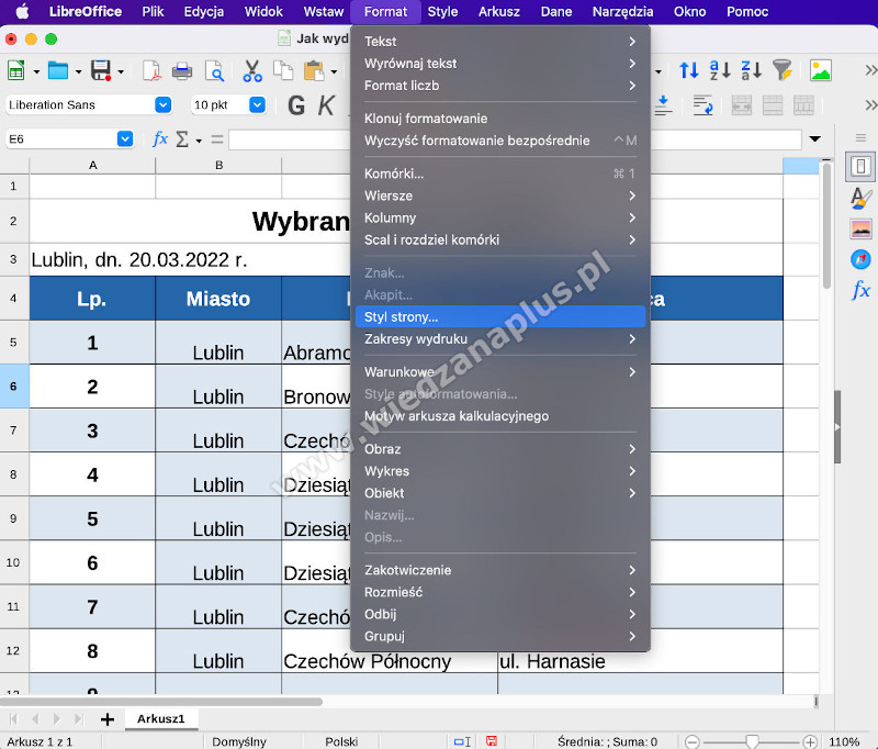 Rys. 9. LibreOffice Calc nagłówek tabeli, na każdej stronie – krok 1/4
