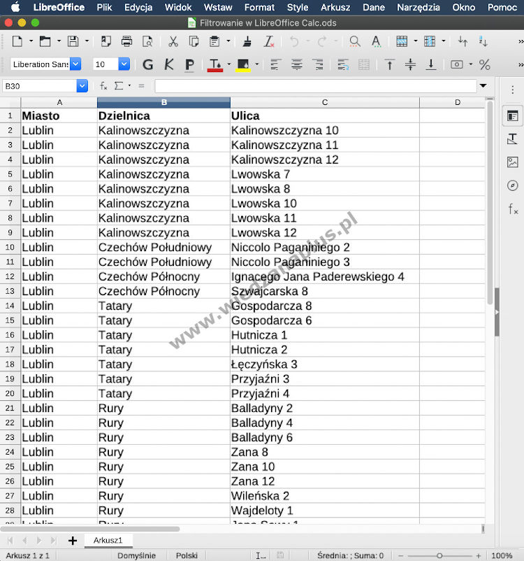 Rys. 1. Prosta baza danych w LibreOffice Calc