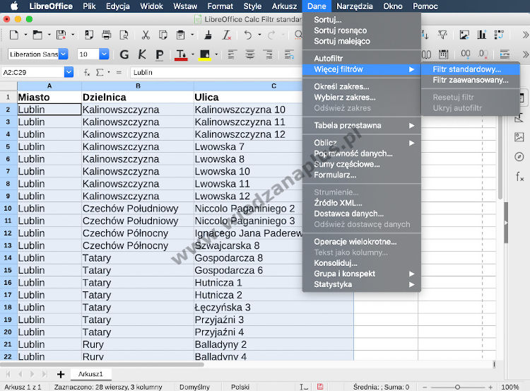 Rys. 10. Program Calc, pakiet LibreOffice filtrowanie kolumn (Filtr standardowy) - krok 1/3