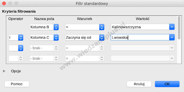 Rys. 11. Program Calc, pakiet LibreOffice filtrowanie kolumn (Filtr standardowy) - krok 2/3