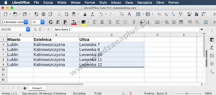 Rys. 12. Program Calc, pakiet LibreOffice filtrowanie kolumn (Filtr standardowy) - krok 3/3