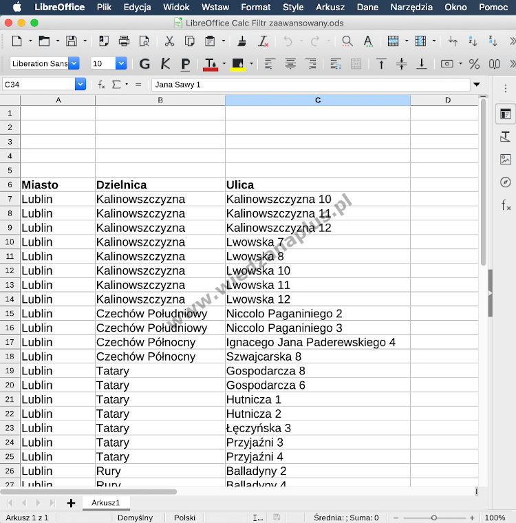 Rys. 13. Program Calc, pakiet LibreOffice filtr zaawansowany - krok 1/5