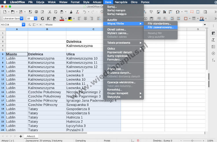 Rys. 15. Program Calc, pakiet LibreOffice filtr zaawansowany - krok 3/5