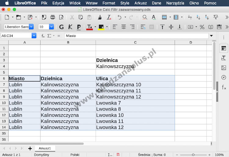 Rys. 17. Program Calc, pakiet LibreOffice filtr zaawansowany - krok 5/5