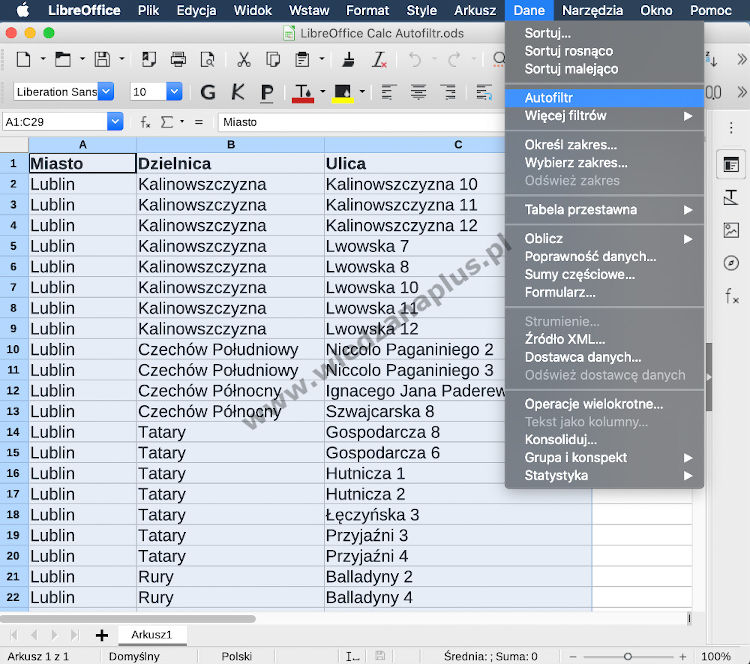 Rys. 2. Program Calc, pakiet LibreOffice filtrowanie danych (Autofiltr) - krok 1/5