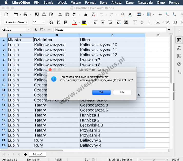 Rys. 3. Program Calc, pakiet LibreOffice filtrowanie danych (Autofiltr) - krok 2/5