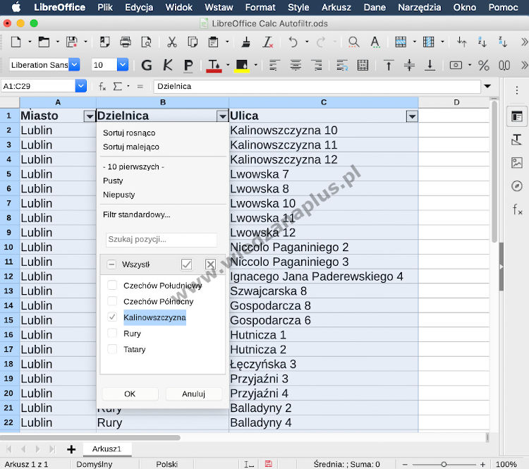 Rys. 5. Program Calc, pakiet LibreOffice filtrowanie danych (Autofiltr) - krok 3/5