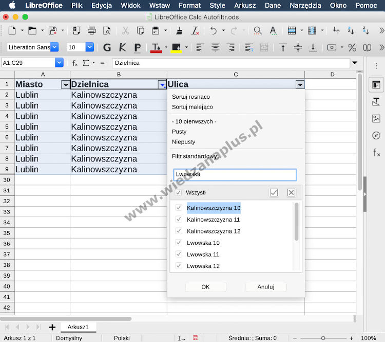 Rys. 6. Program Calc, pakiet LibreOffice filtrowanie danych (Autofiltr) - krok 4/5