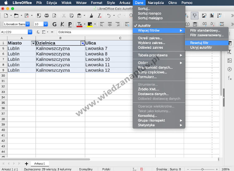 Rys. 8. LibreOffice Calc resetowanie filtra
