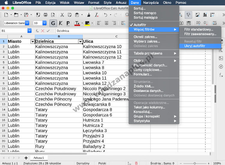 Rys. 9. LibreOffice Calc ukrywanie Autofiltr