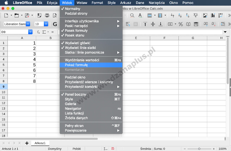 Rys. 2.  LibreOffice Calc formuły - podgląd