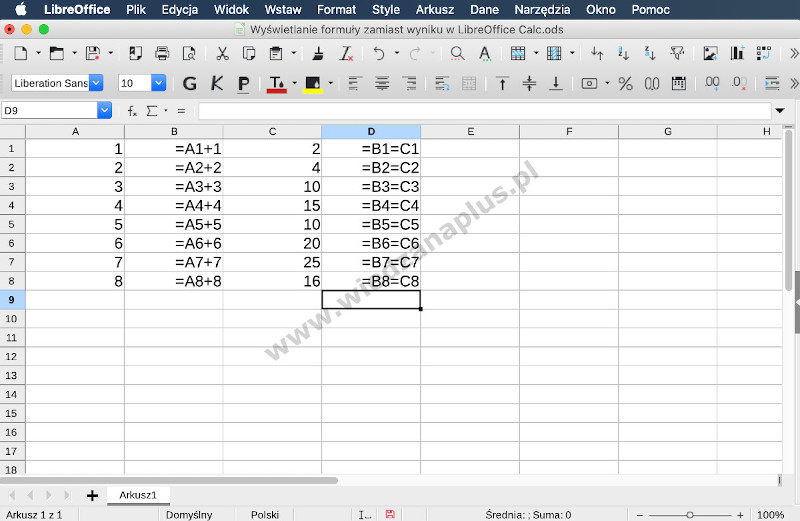 Rys. 3.  LibreOffice Calc - arkusz kalkulacyjny formuły