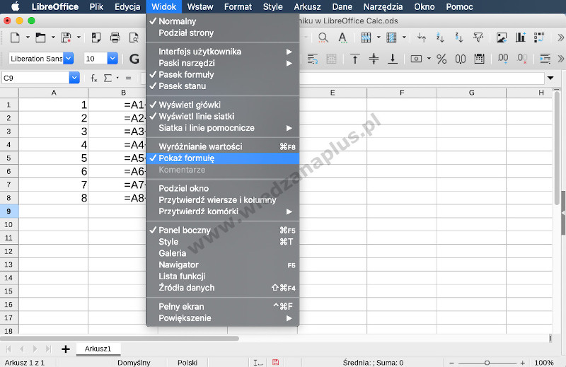 Rys. 4. Ukrywanie formuł LibreOffice Calc