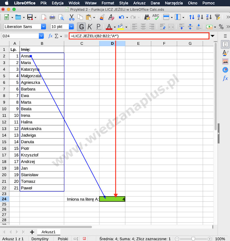 Rys. 2. LICZ JEŻELI zawiera fragment tekstu - LICZ JEŻELI LibreOffice Calc