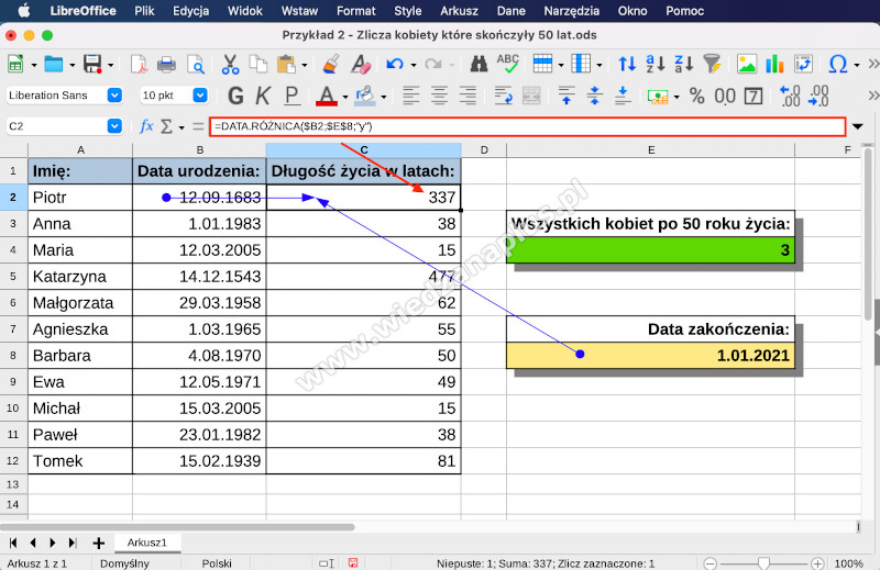 Rys. 2. LICZ WARUNKI data LibreOffice Calc, krok 1/2
