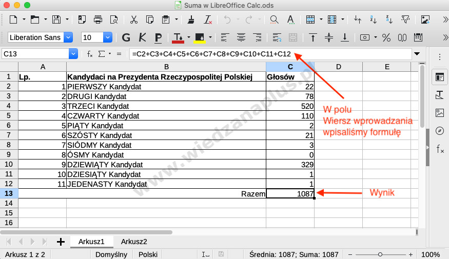 Rys. 1. LibreOffice Calc dodawanie wartości komórek