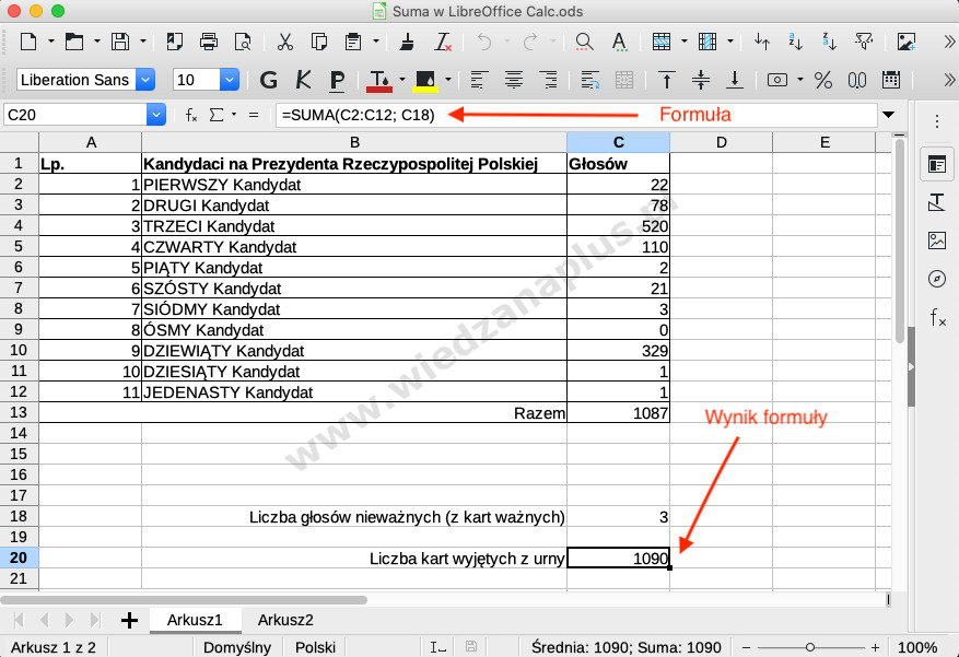Rys. 3. Program Calc, funkcja pakietu LibreOffice sumowanie