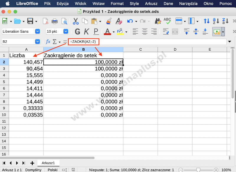 Rys. 1. Zaokrąglanie liczby - funkcja ZAOKR LibreOffice Calc