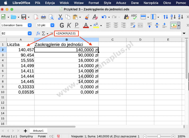 Rys. 3. Pakiet LibreOffice, zaokrąglanie liczby Calc - funkcja ZAOKR 