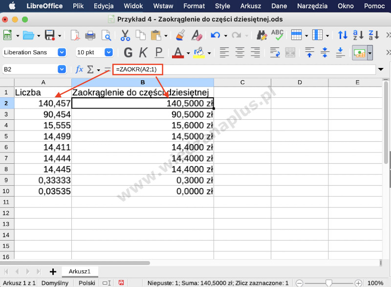 Rys. 4. Zaokrąglanie liczby - funkcja ZAOKR LibreOffice Calc