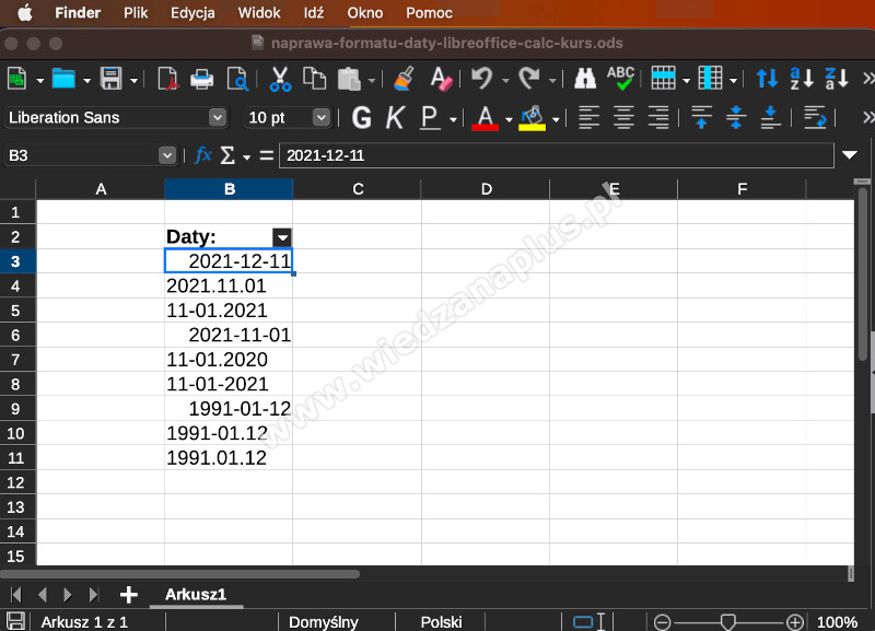 Rys. 1. Wiele formatów dat w kolumnie – LibreOffice Calc kurs 