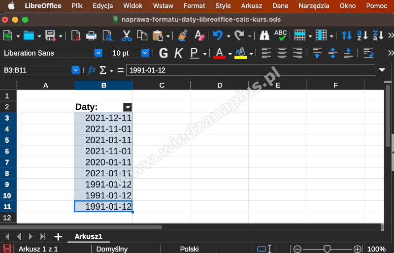 Rys. 11. Jeden format daty w tabeli - LibreOffice Calc kurs