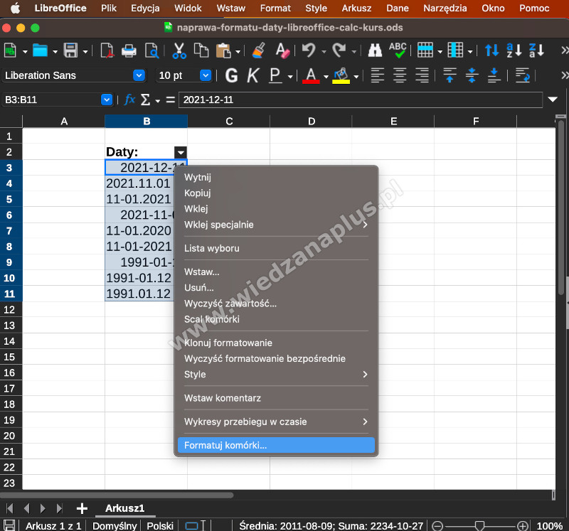 Rys. 4. Formatowanie komórek LibreOffice Calc, krok 1/2