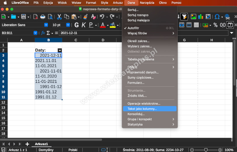 Rys. 6. Ustawianie jednego formatu daty, krok 1/2 - LibreOffice Calc kurs