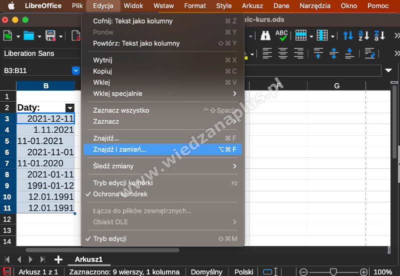 Rys. 8. Zamiana kropek w datach na myślniki, krok 1/3 - LibreOffice Calc kurs