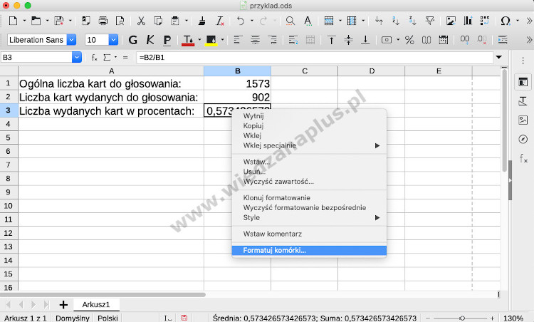 Rys. 1. Program Calc, pakiet LibreOffice procent z liczby