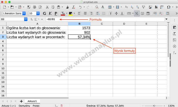 Rys. 3. Program Calc, pakiet LibreOffice formuła procent