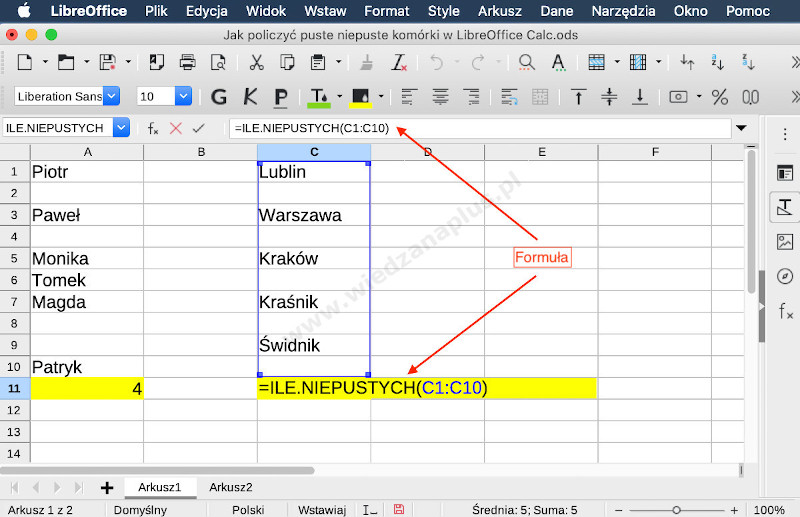 Rys. 2. Pakiet LibreOffice, funkcja licz niepuste komórki w programie Calc