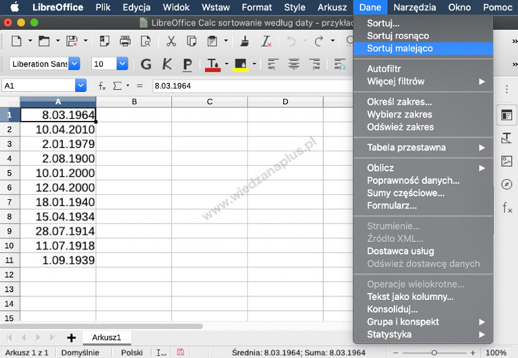 Rys. 1. LibreOffice Calc sortowanie według daty, krok 1/2