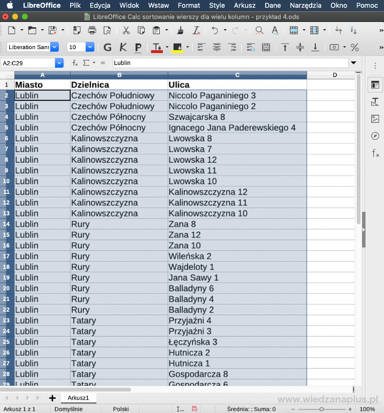 Rys. 10. LibreOffice Calc sortowanie wierszy dla wielu kolumn, krok 3/3