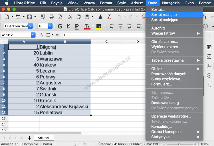 Rys. 3. LibreOffice Calc sortowanie liczb, krok 1/2