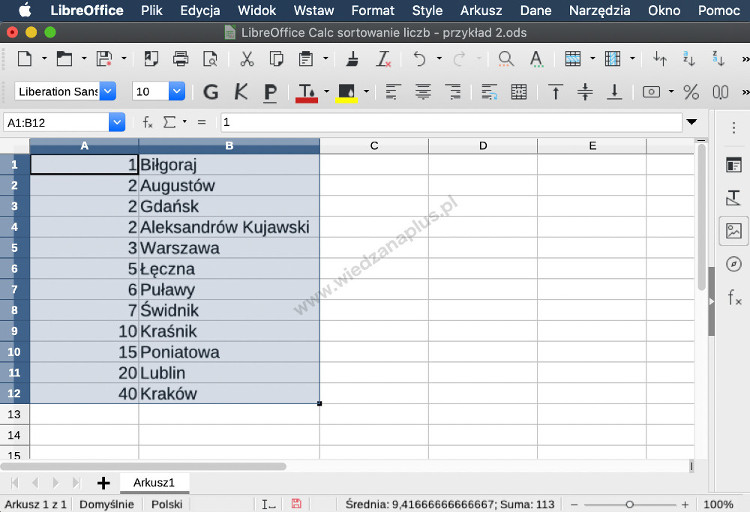 Rys. 4. LibreOffice Calc sortowanie liczb, krok 2/2